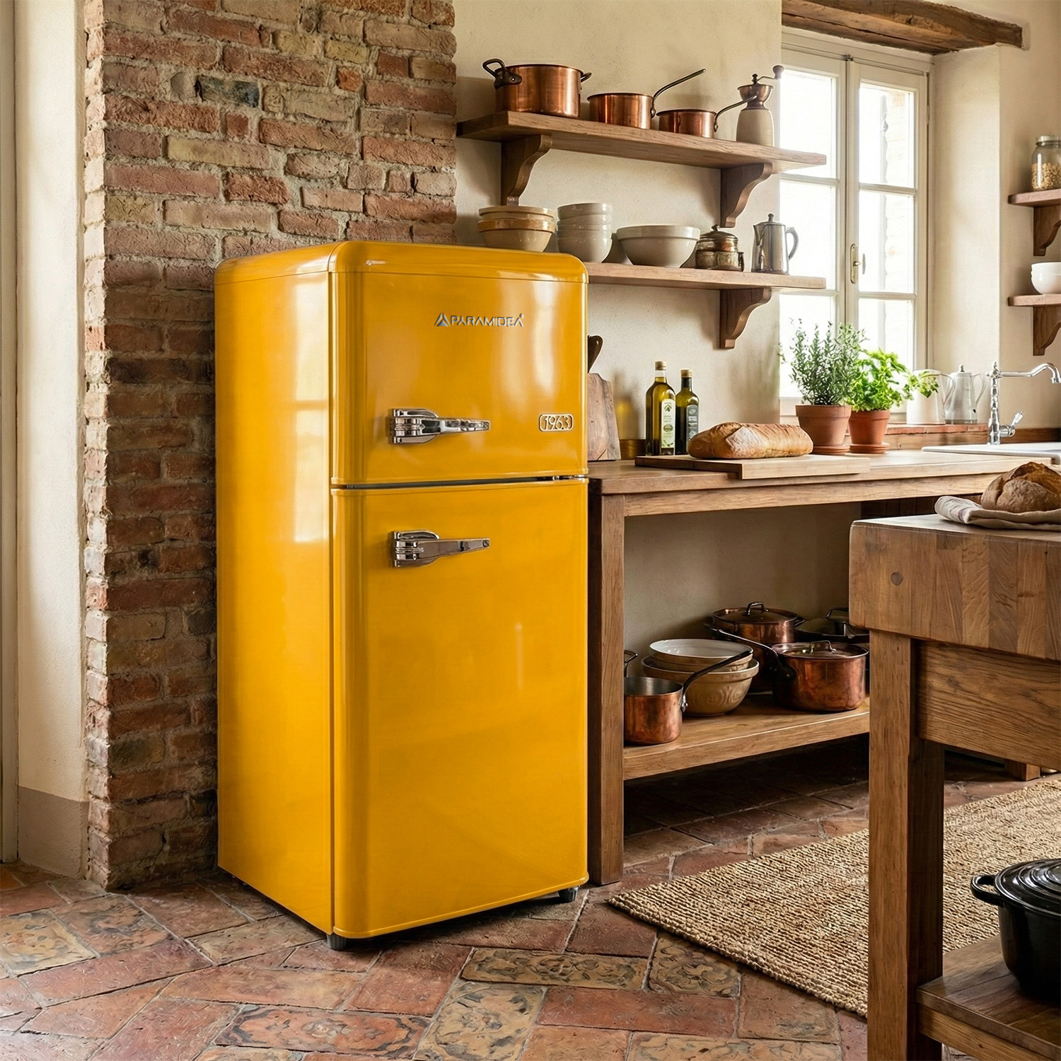 Un frigorifero retrò giallo in una cucina rustica con muri di mattoni e piani di lavoro.