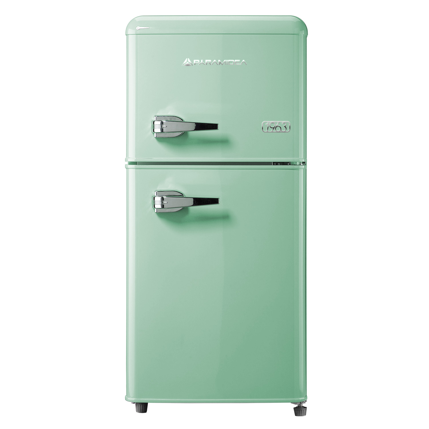 Un frigorifero verde chiaro stile retrò con due porte e maniglie cromate.