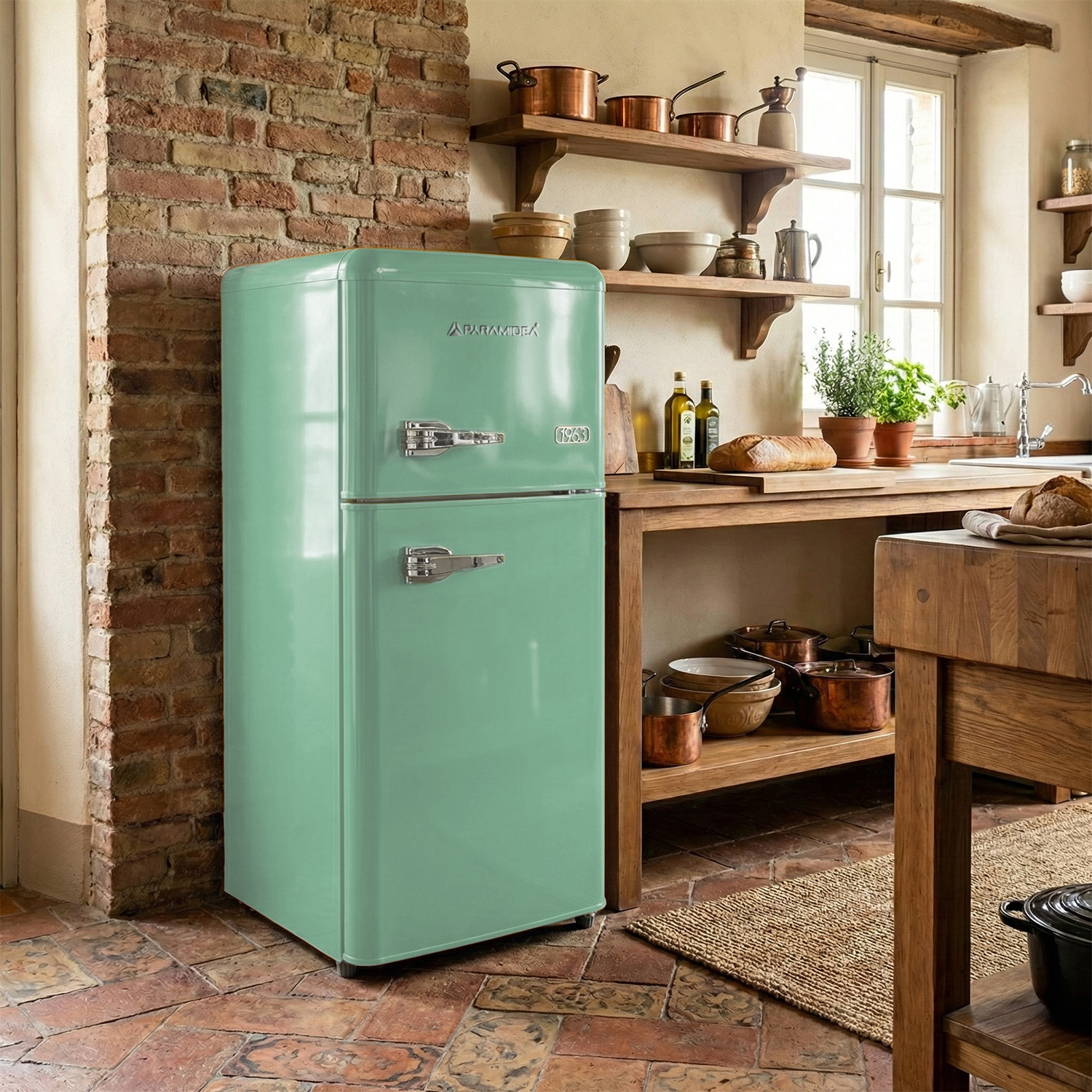 Un frigorifero retrò verde menta in una cucina rustica.