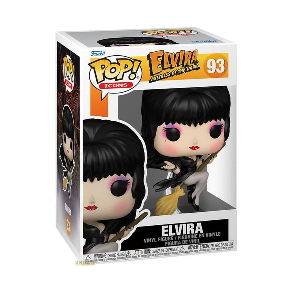 Figura Funko Pop Elvira con escoba en caja, con sombra de ojos morada y pelo negro.