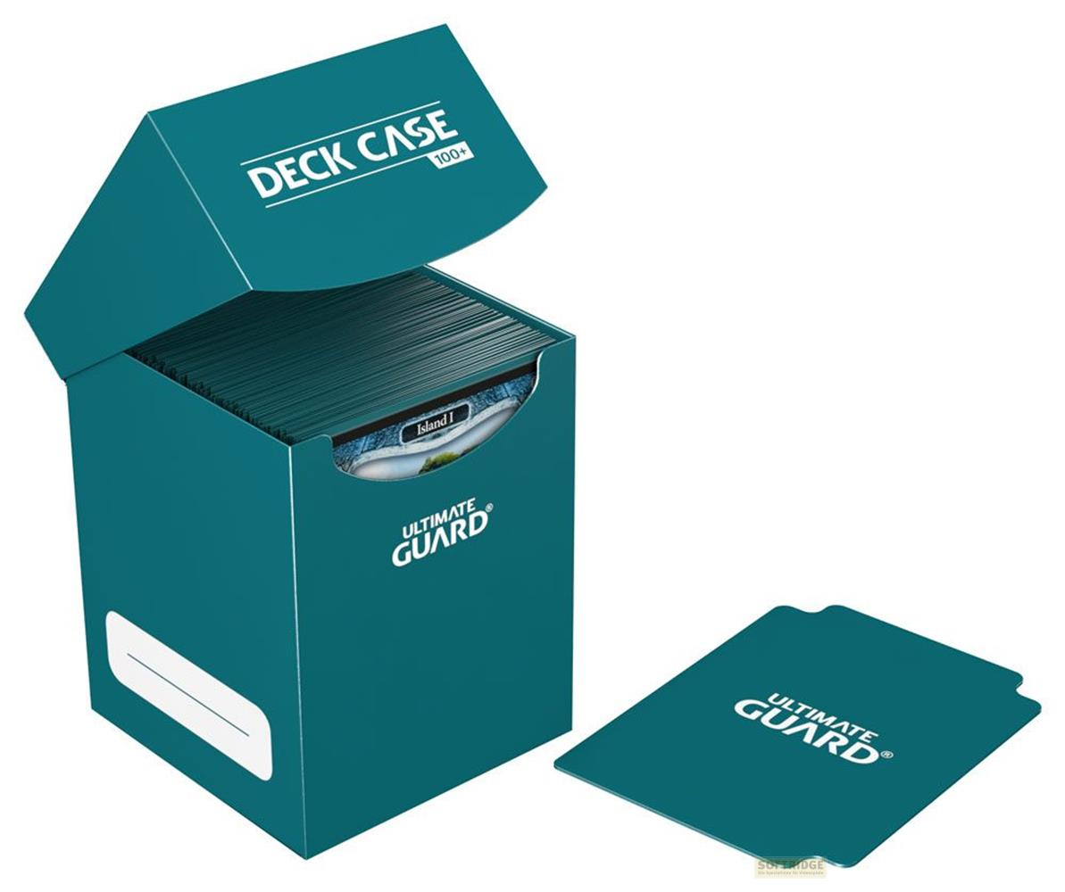 Un étui à cartes bleu sarcelle avec couvercle ouvert, rempli de cartes. Un couvercle bleu sarcelle à côté.