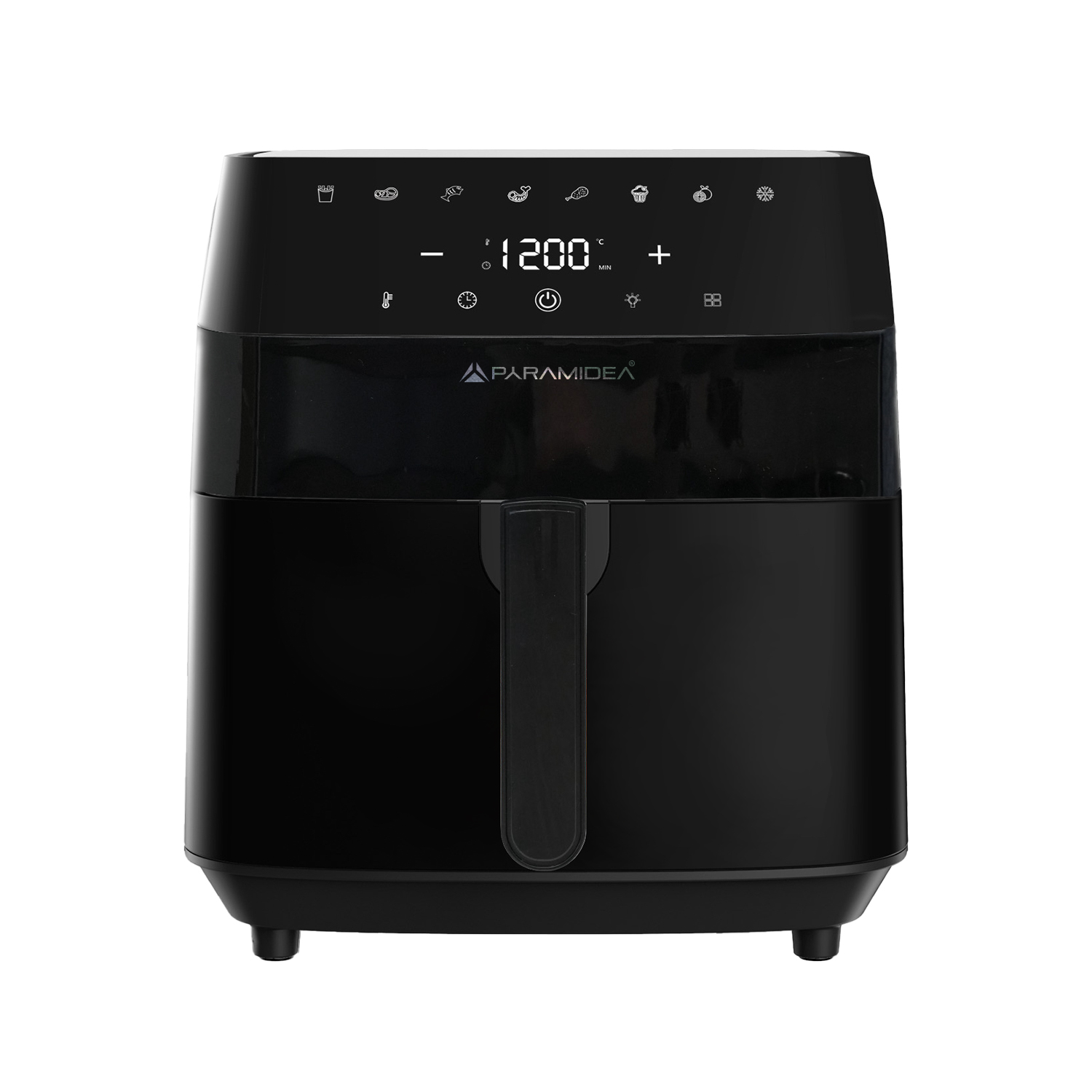 Friggitrice ad aria nera con display digitale che mostra 120 gradi e icone del timer.