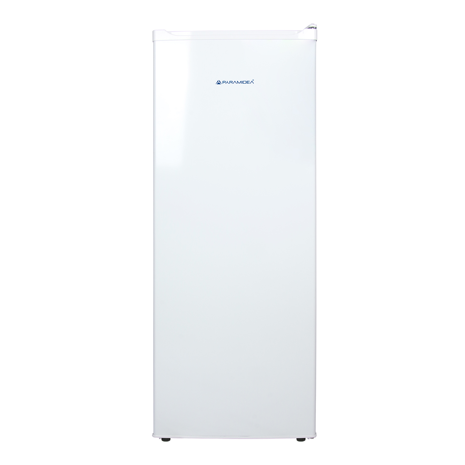 Un frigorifero alto, sottile e bianco con il logo Paramidea sulla porta superiore.