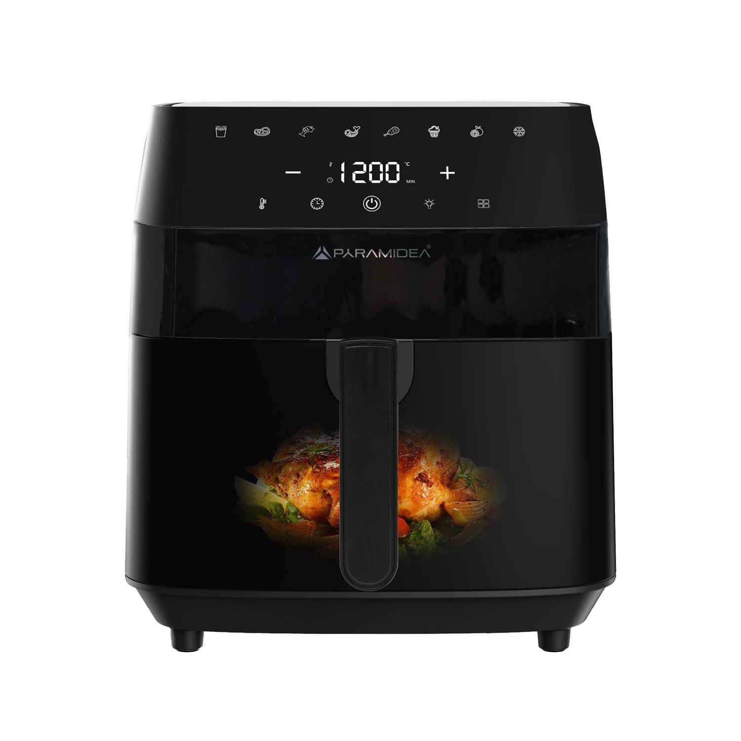 Friggitrice ad aria nera con comandi digitali e immagine di pollo.