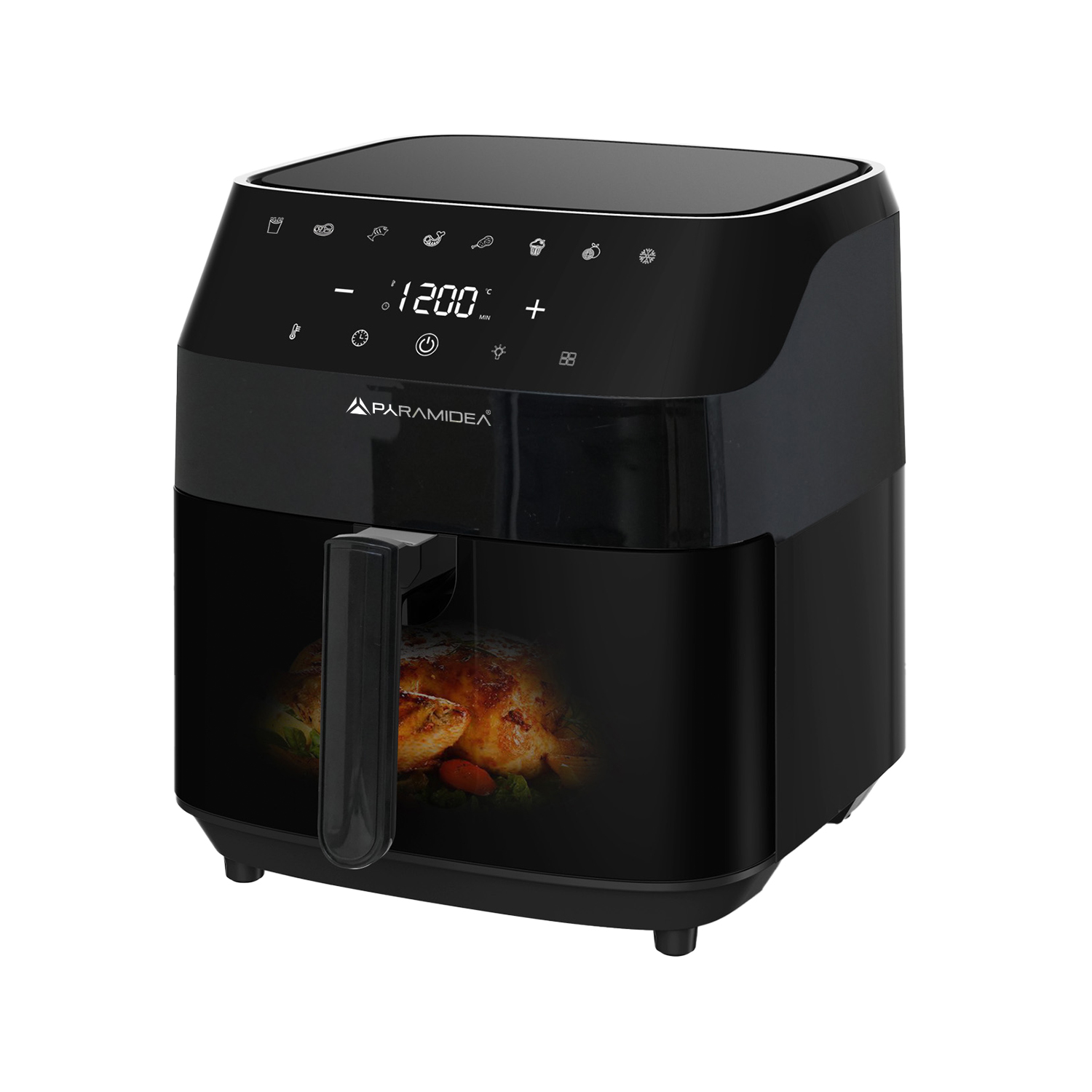 Friggitrice ad aria nera con display digitale e pollo arrosto all'interno.