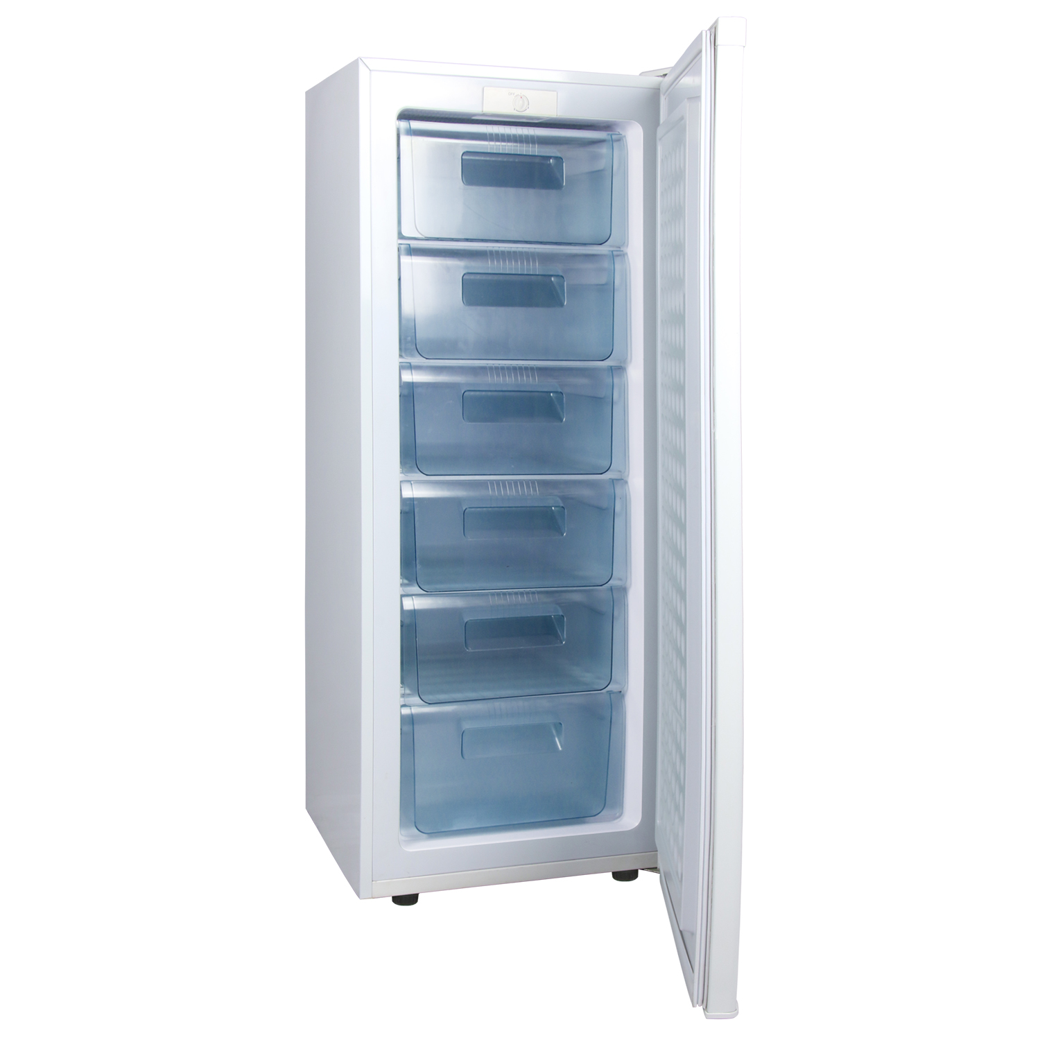 Un congelatore bianco con la porta aperta, che mostra cinque cassetti trasparenti.