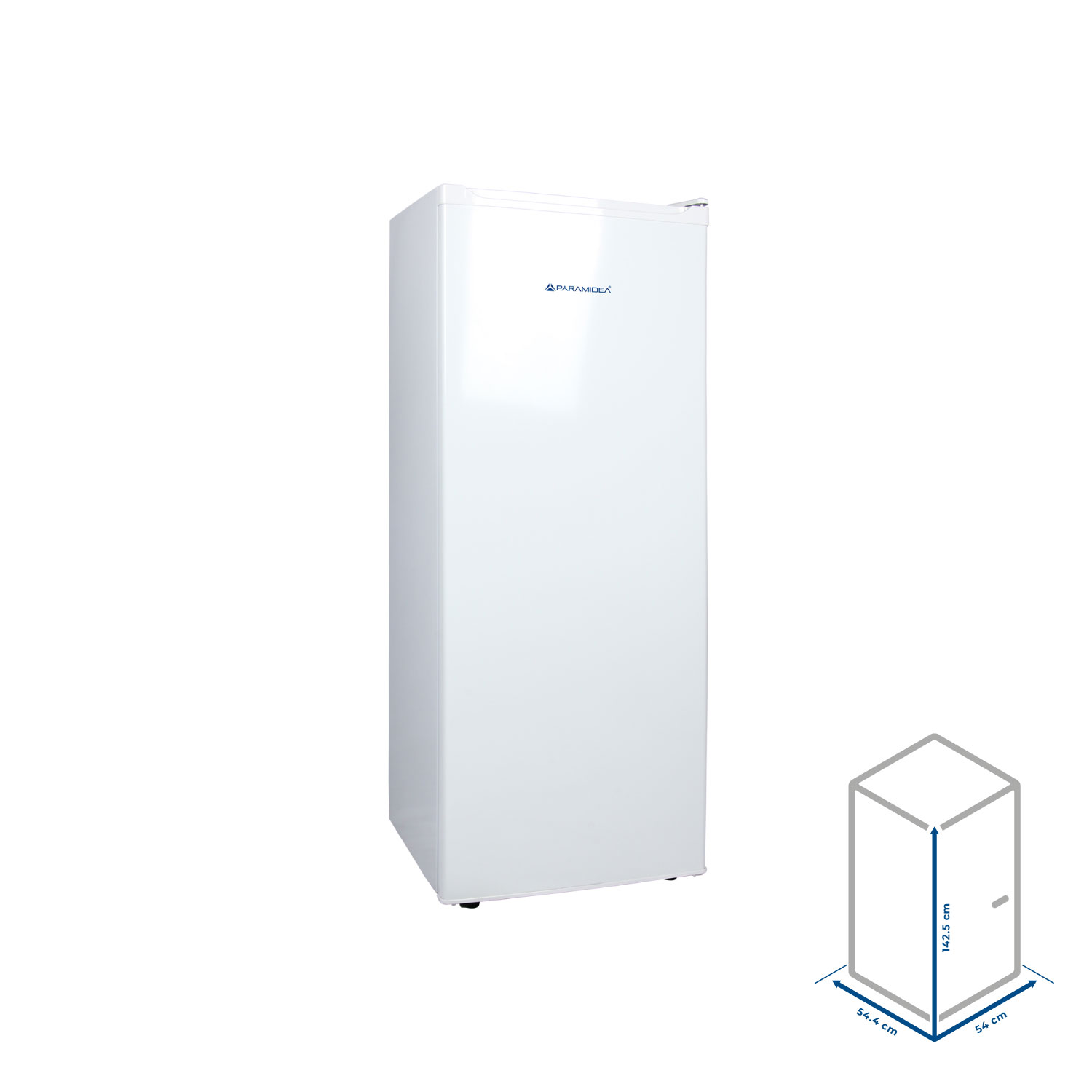 Un frigorifero bianco e alto con il logo Paramidea e un diagramma delle dimensioni.