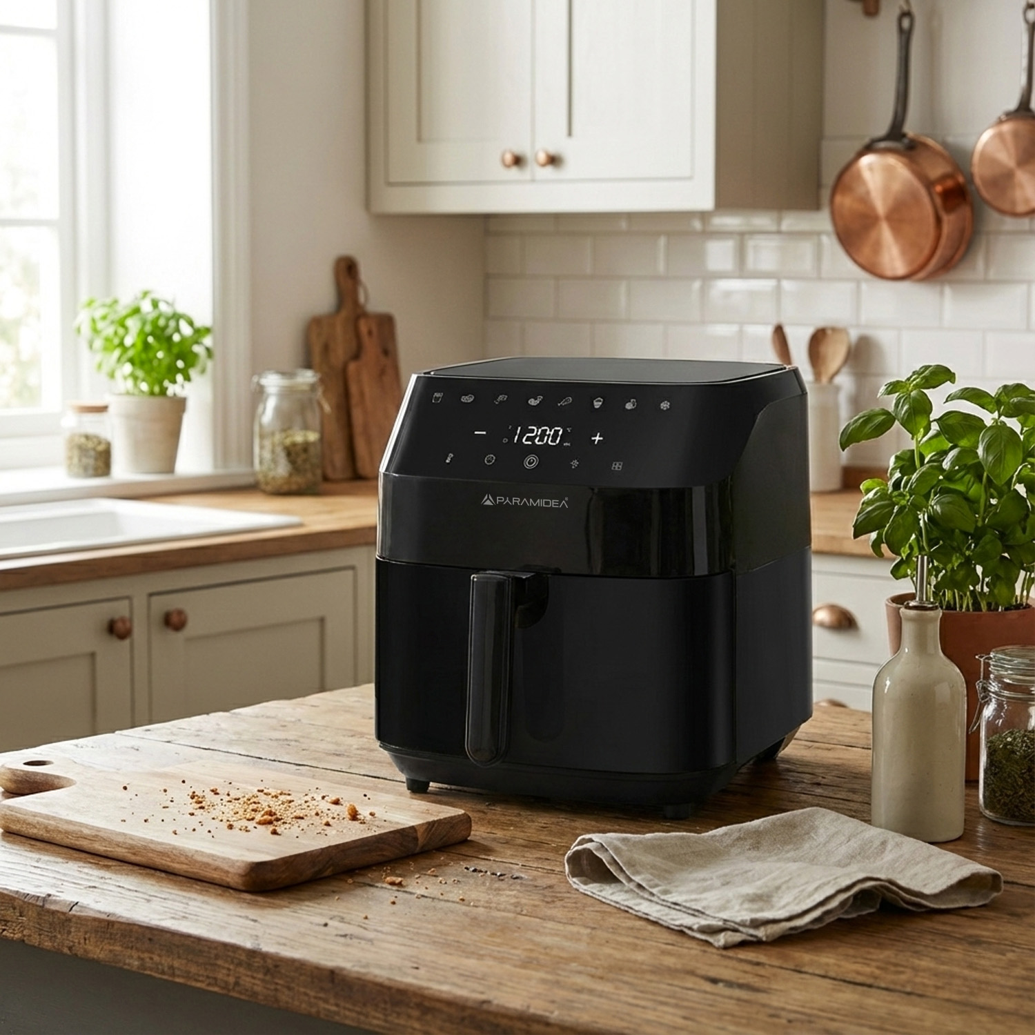 Friggitrice ad aria nera su tavolo in legno con utensili da cucina sullo sfondo.