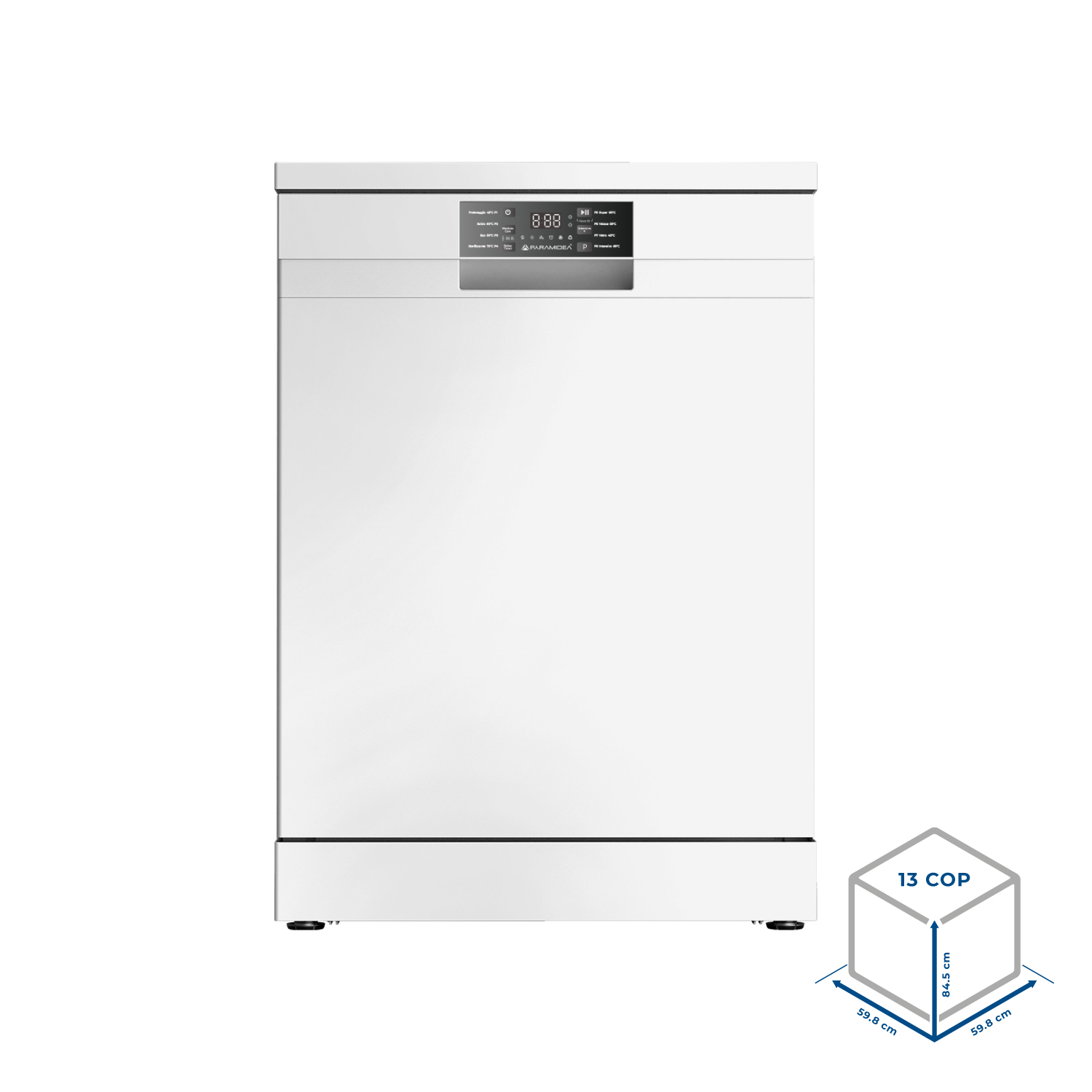 Lavastoviglie bianca con display digitale e dimensioni.