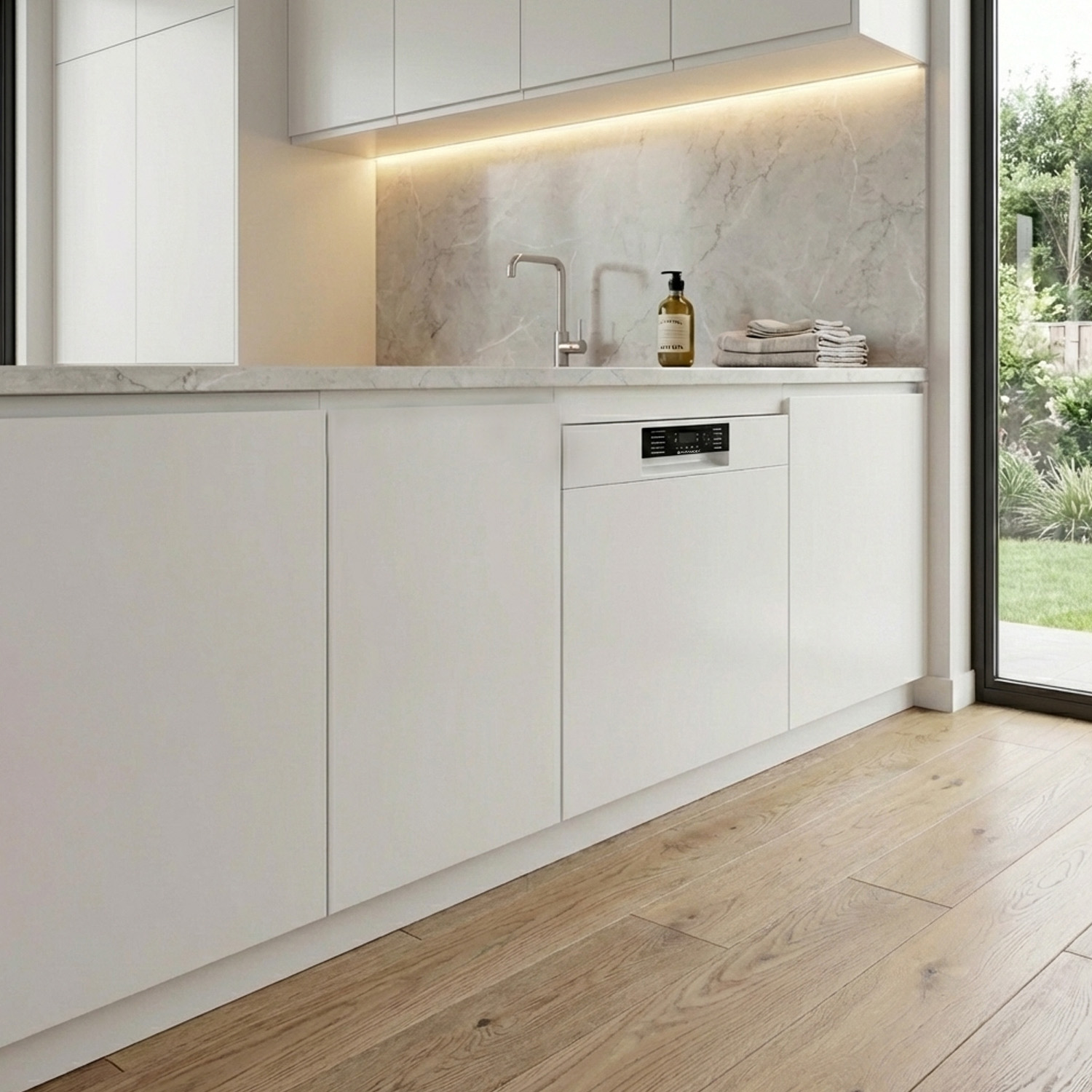 Cucina moderna con mobili bianchi, paraschizzi in marmo, rubinetto e lavastoviglie.