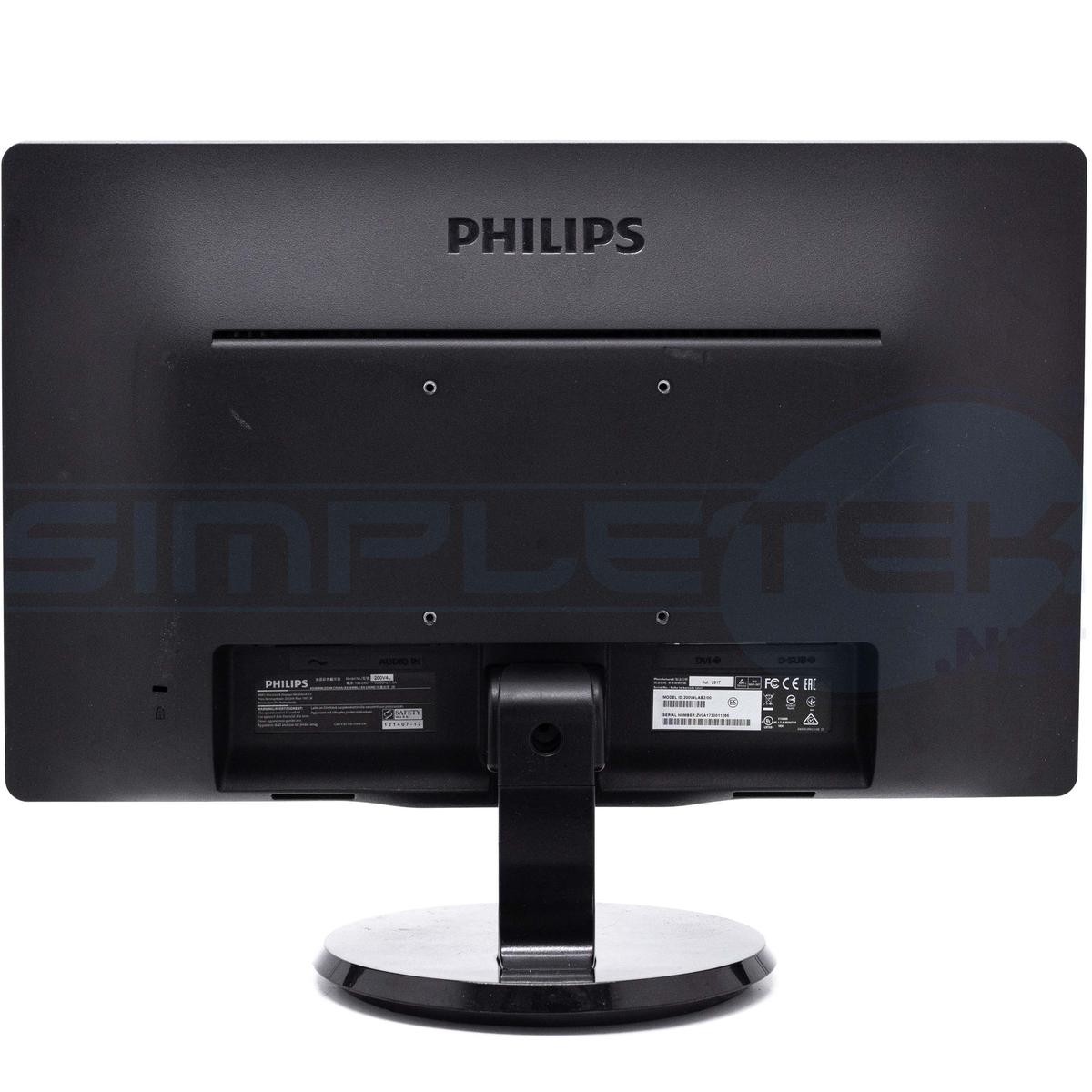 Vista posteriore di un monitor Philips nero con supporto e porte.