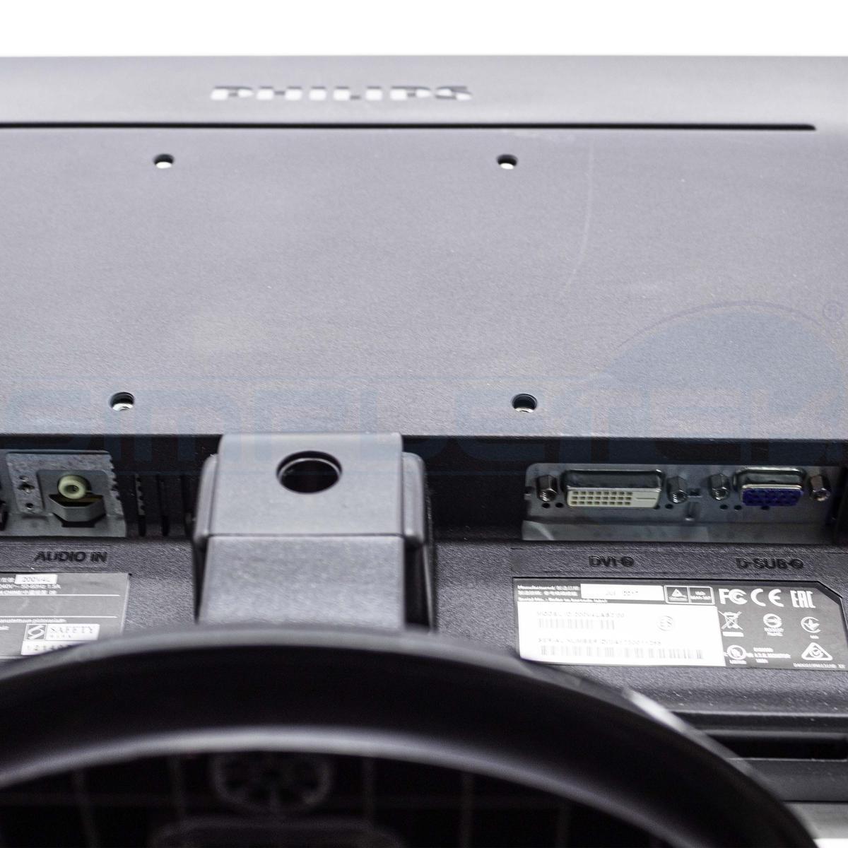 Retro di un monitor con porte Audio In, DVI-D e D-Sub. Loghi ed etichette visibili.