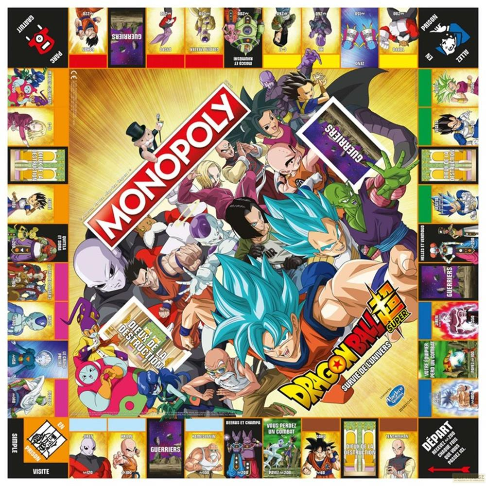 Gioco da tavolo Monopoly Dragon Ball Super con personaggi come Goku, Vegeta e Beerus.