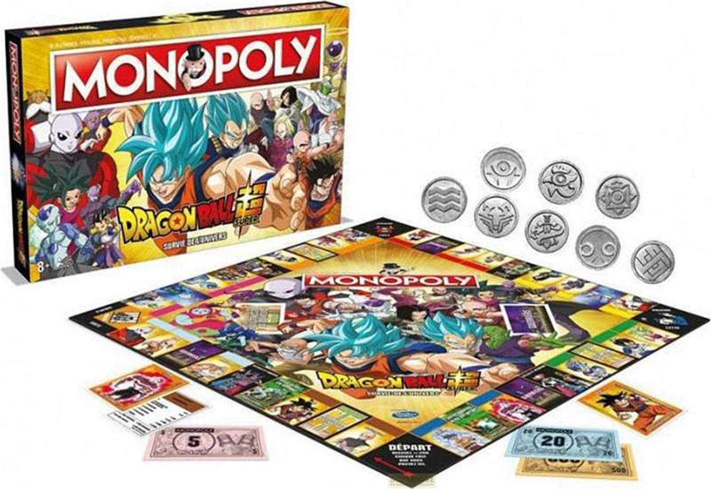 Gioco da tavolo Monopoly Dragon Ball Super con scatola, monete e carte.