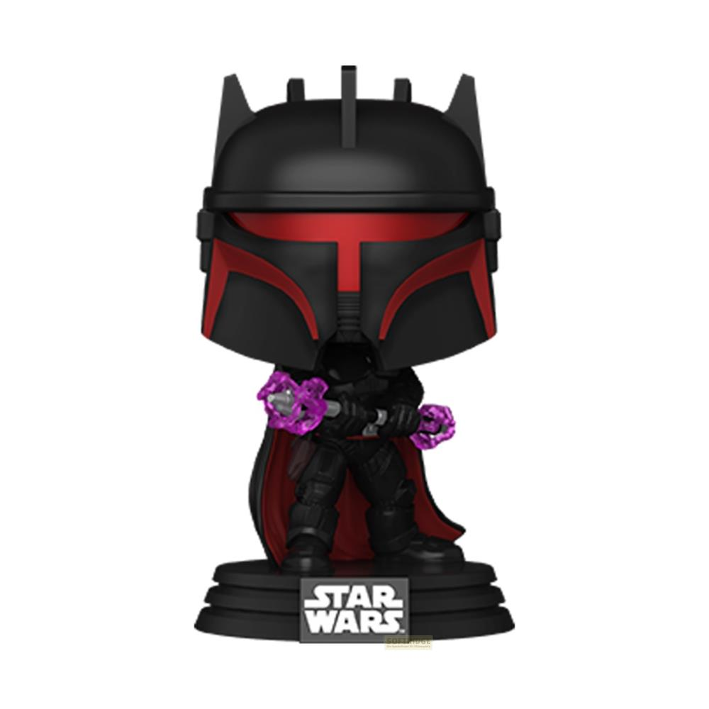 Ein schwarzer Funko Pop von Darth Maul mit roter Maske und lila Lichtschwertern.