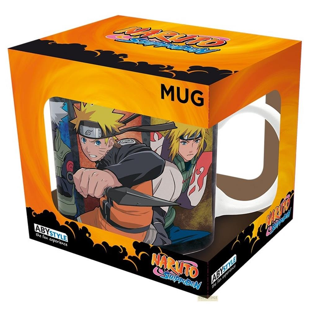 Naruto Shippuden Tasse mit Naruto und Minato in Aktion, auf einem orangefarbenen Karton.