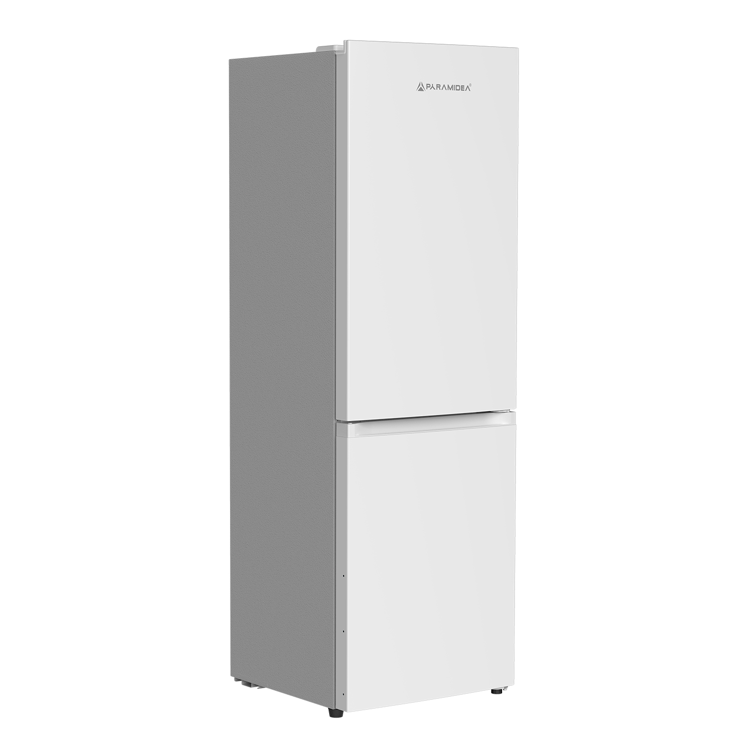 Un frigorifero bianco a due porte con pannello laterale grigio.