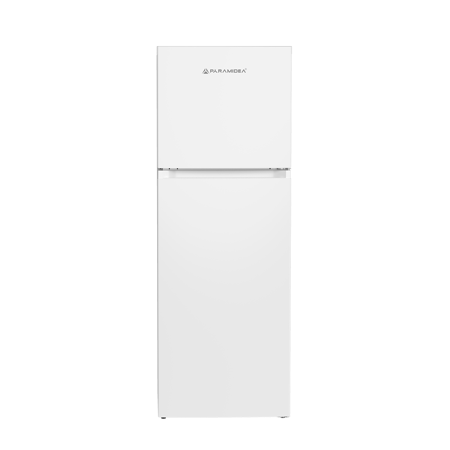 Un frigorifero bianco a due porte con il logo Paramidea in alto.