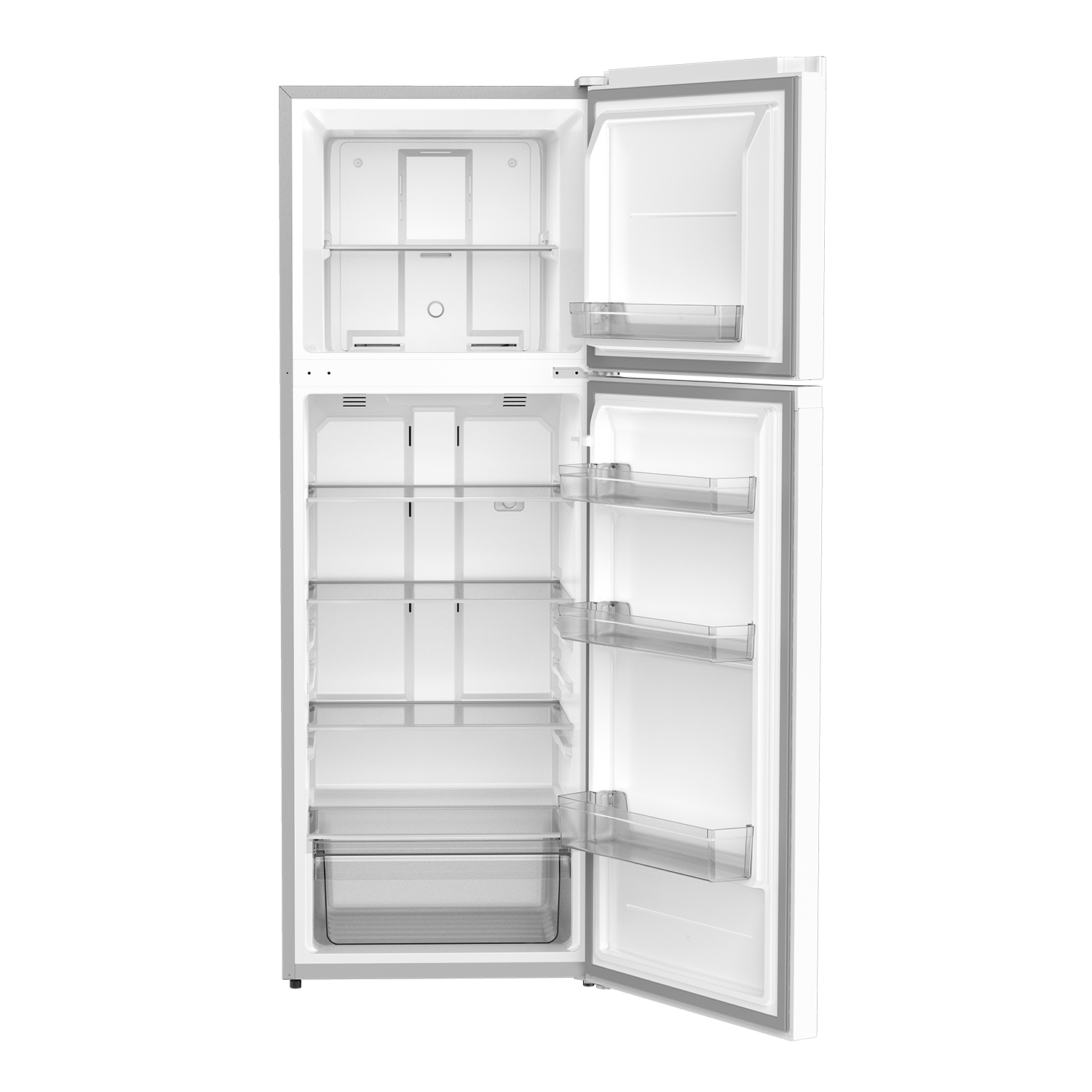 Un frigorifero bianco con porta aperta, vuoto, con ripiani e cassetti.