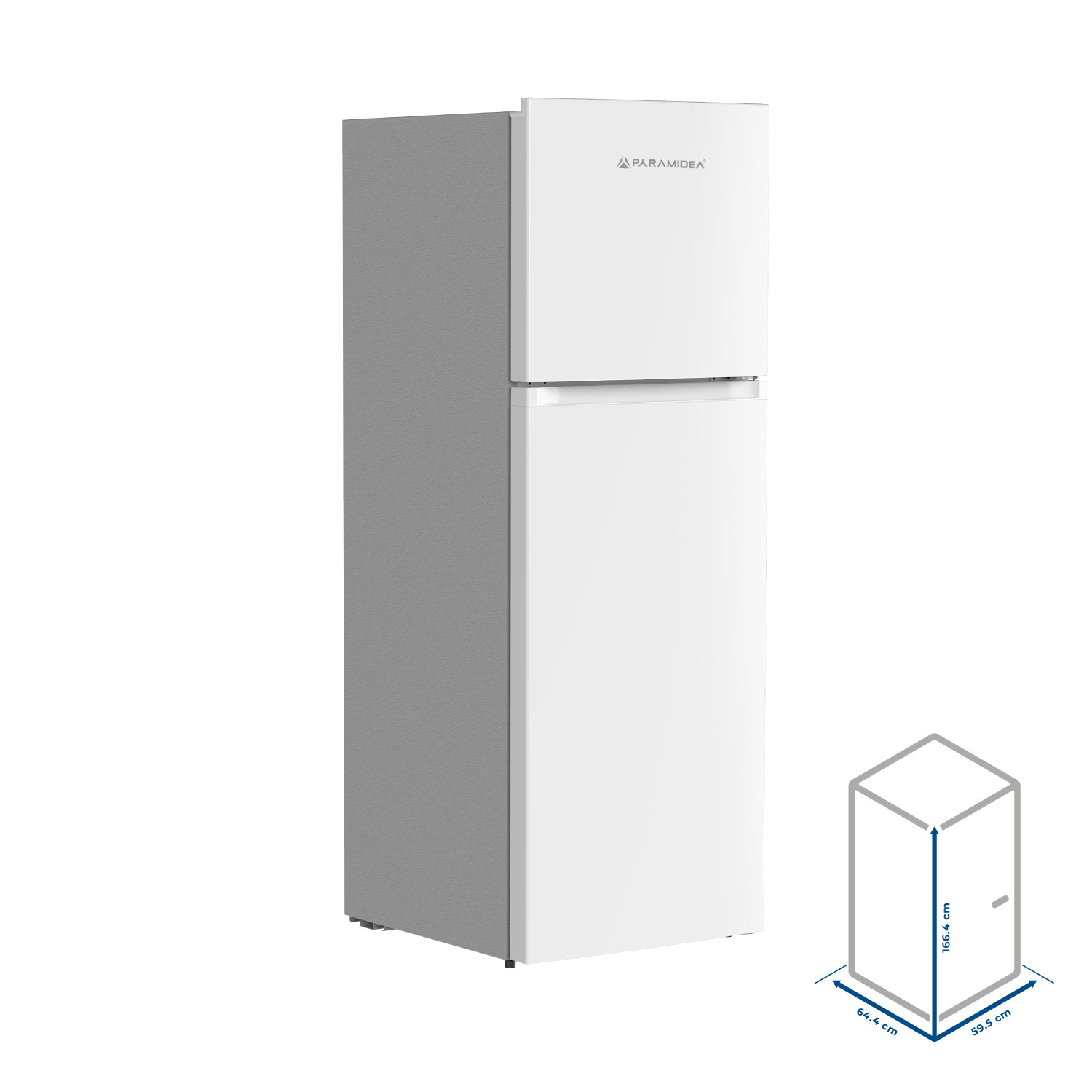 Un frigorifero bianco a due porte con pannello laterale grigio e dimensioni.
