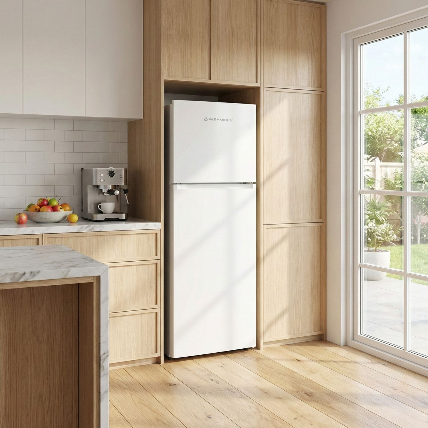 Cucina moderna con elettrodomestici bianchi, mobili in legno e grande finestra sull'esterno.