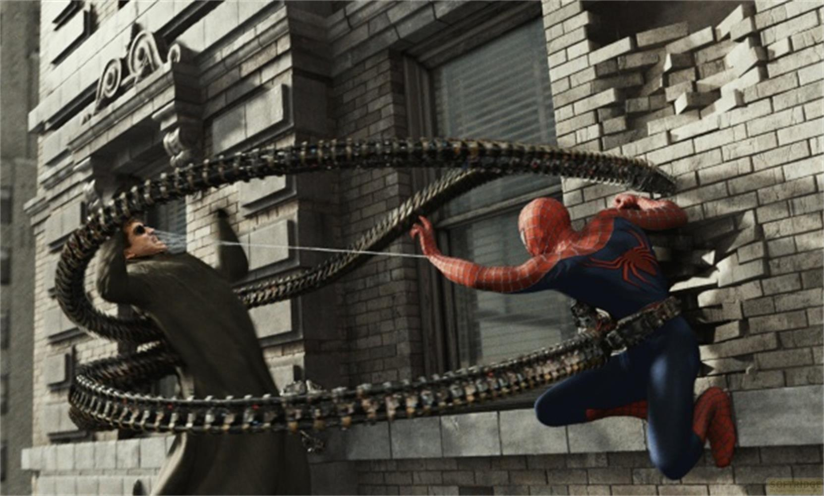 Spider-Man combat Doctor Octopus devant un immeuble en briques.