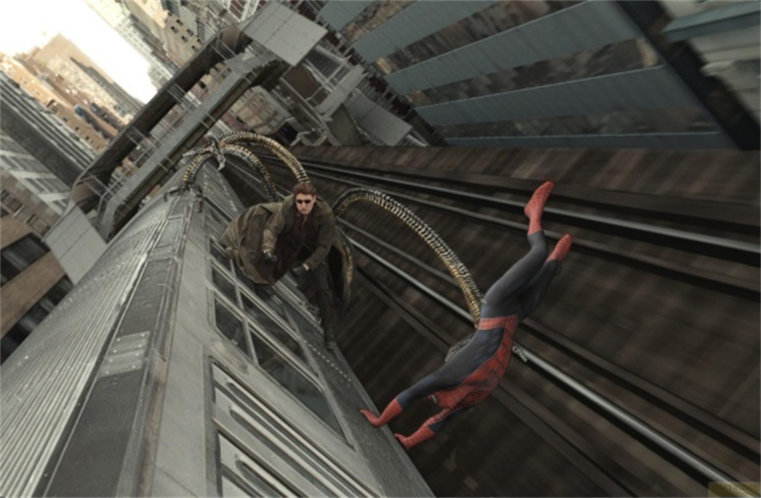 Docteur Octopus avec des bras mécaniques attaque Spiderman tombant d'un bâtiment.