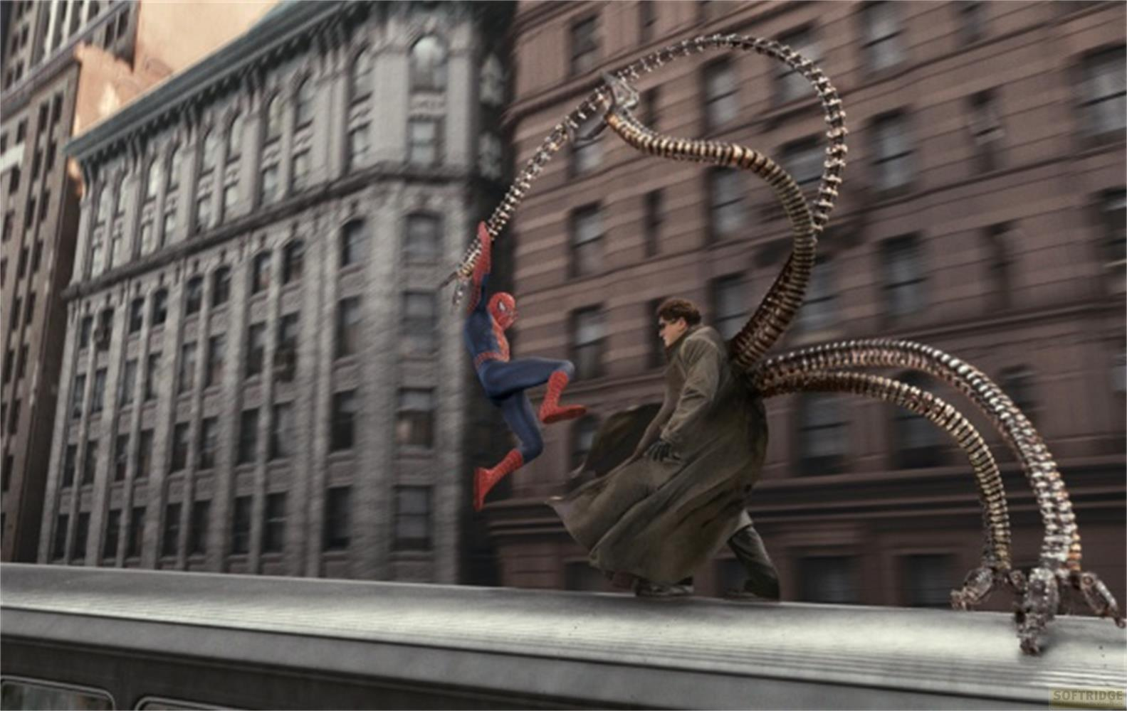 Spider-Man pend aux tentacules pendant que Doc Ock est sur un train.