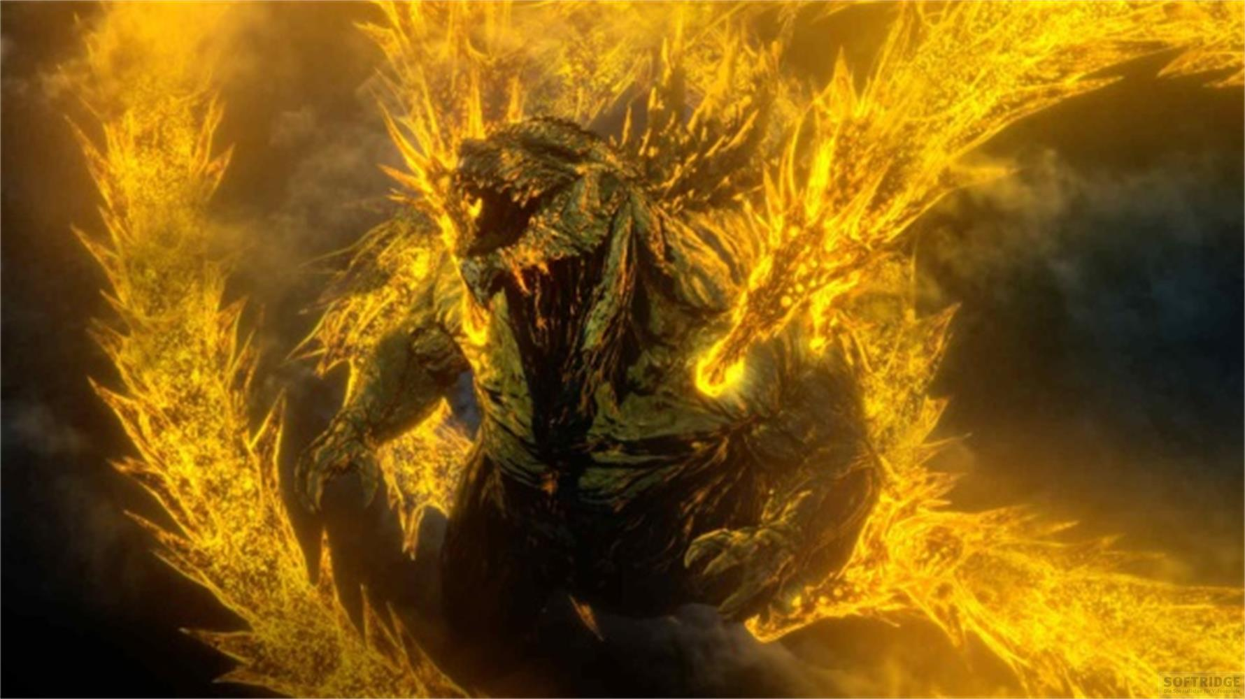 Un mostro verde, Godzilla, brilla di energia gialla. È scuro e fumoso.