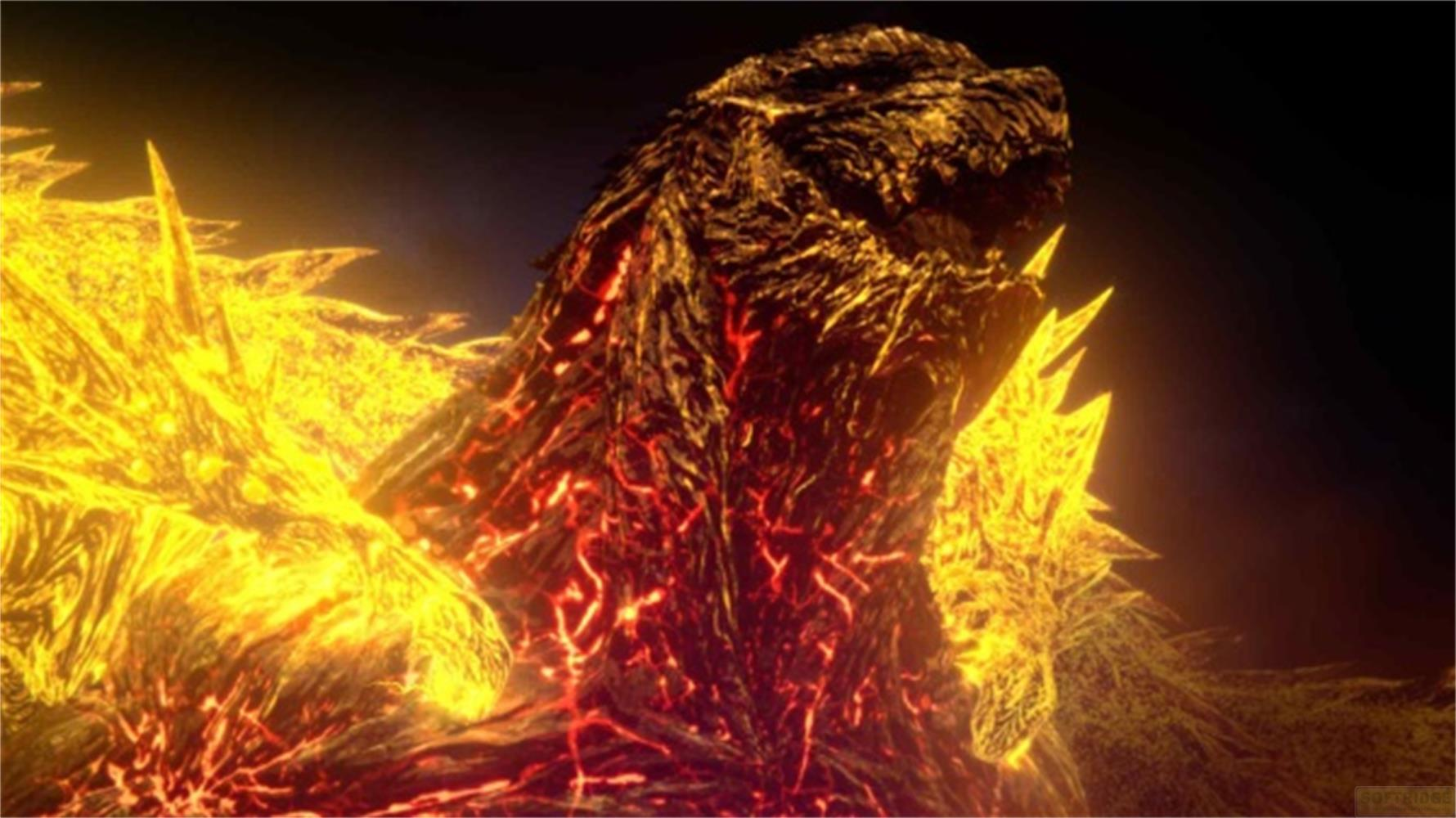 Un Godzilla luminoso con vene rosso vivo su sfondo scuro.