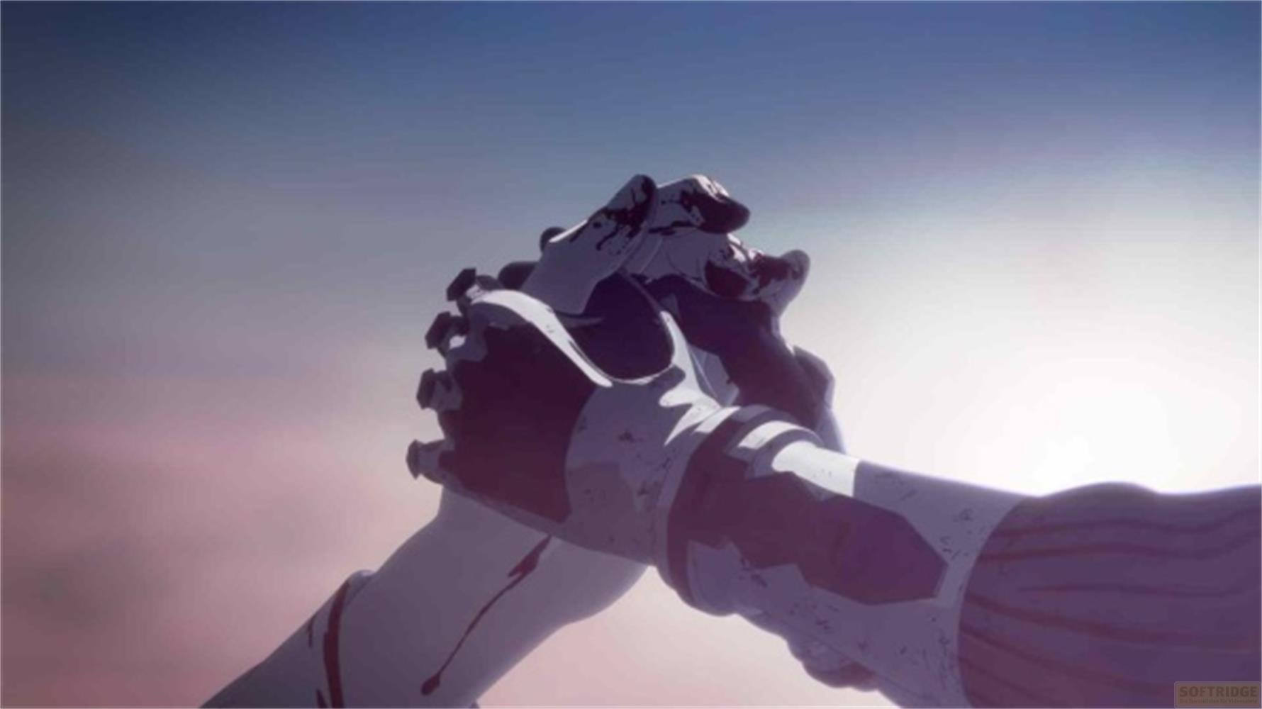 Due mani macchiate di sangue si stringono nel cielo.