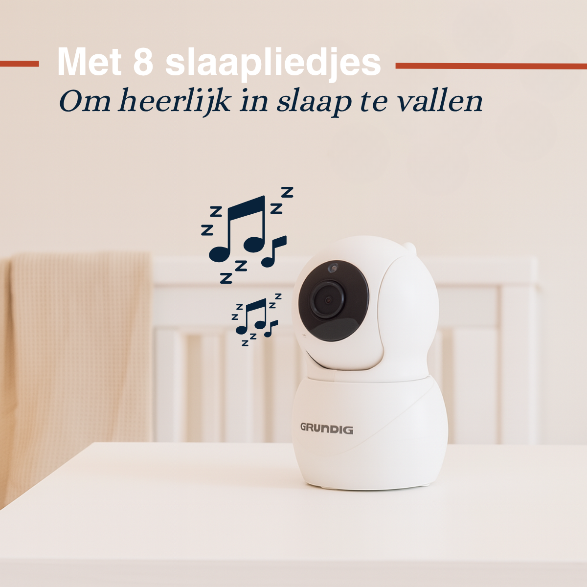 A white baby monitor with musical notes and 'Zzz' symbols. Text: 8 lullabies.