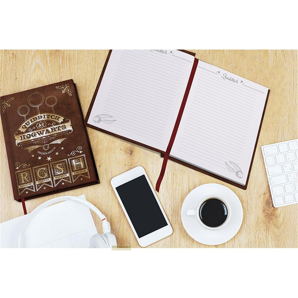 Ein geöffnetes Notizbuch liegt neben einem Handy, Kopfhörern, einer Kaffeetasse und einer Tastatur.