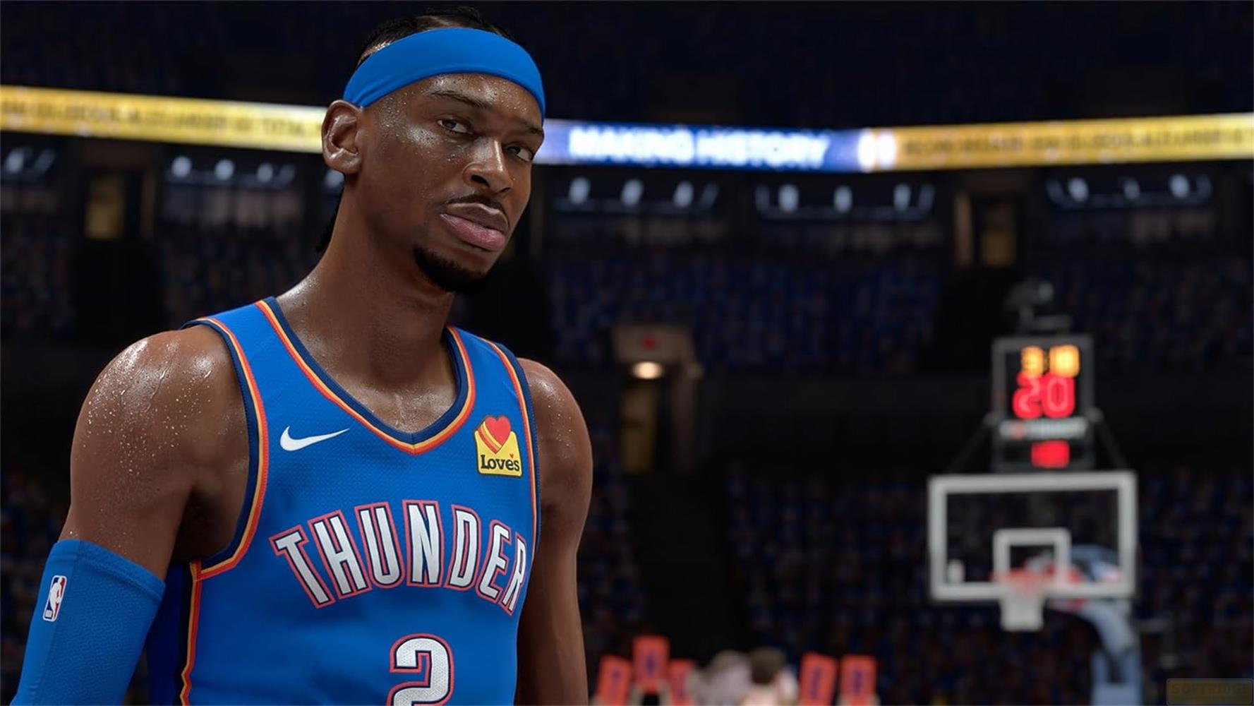 A basketball player in a blue 'Thunder' jersey stands on the court.