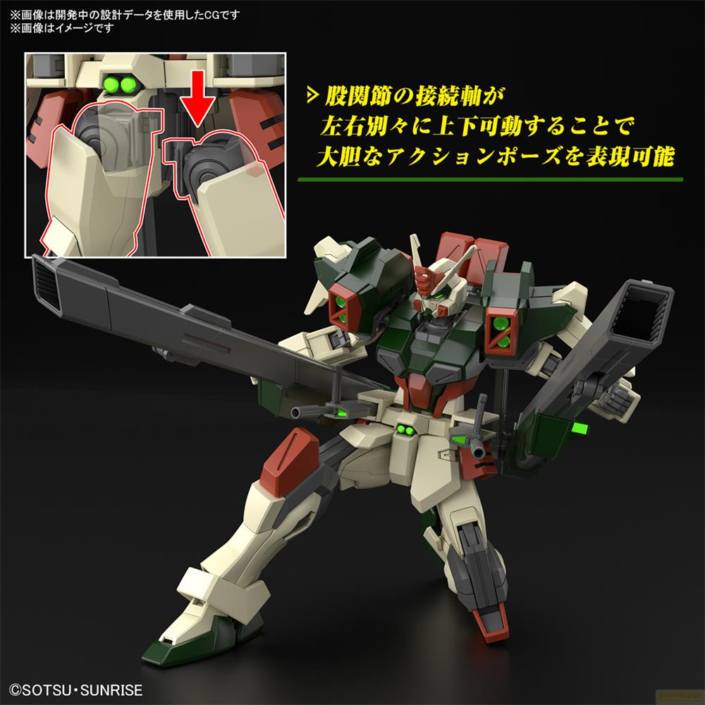 Ein grüner und weißer Roboter hält zwei Gewehre, mit einem Detailbild oben links.