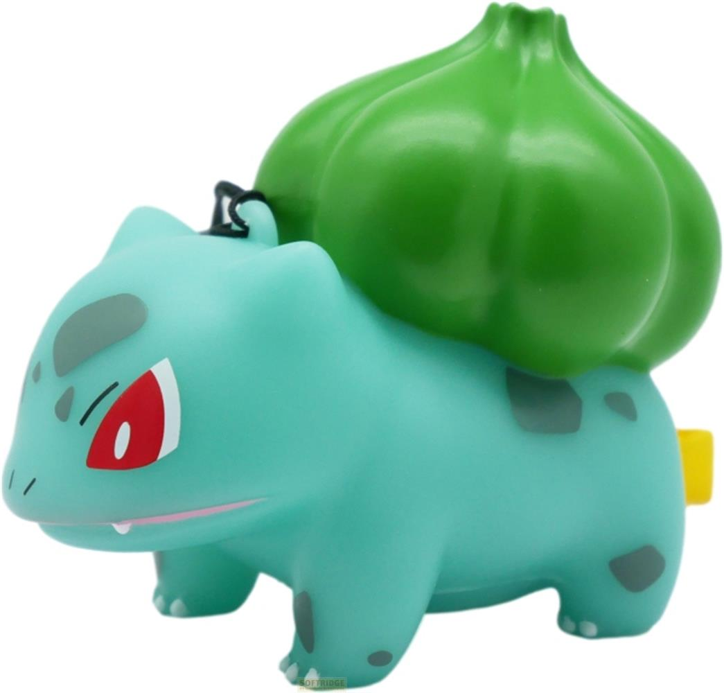 Eine grüne Spielzeugfigur eines Pokémon mit einer großen grünen Zwiebel auf dem Rücken.