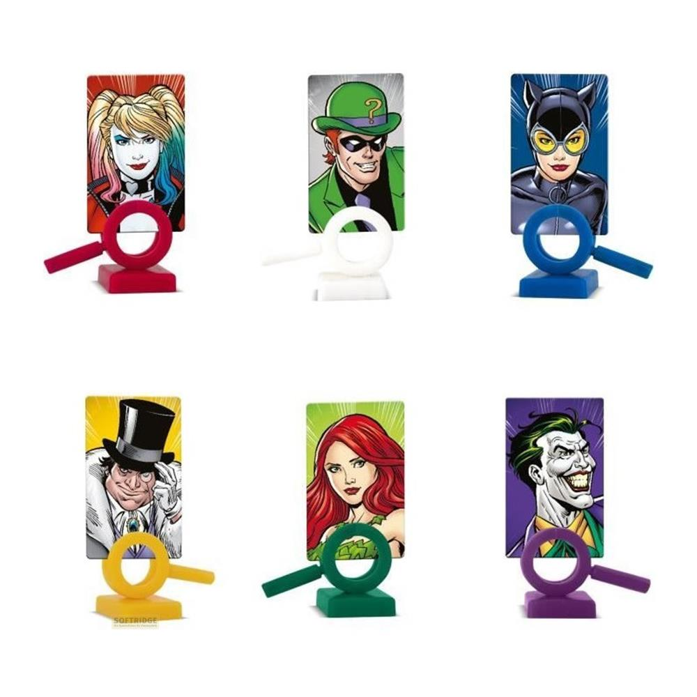 Sechs Batman-Charakter-Aufsteller: Harley Quinn, Rätselmann, Catwoman, Pinguin, Poison Ivy, Joker.