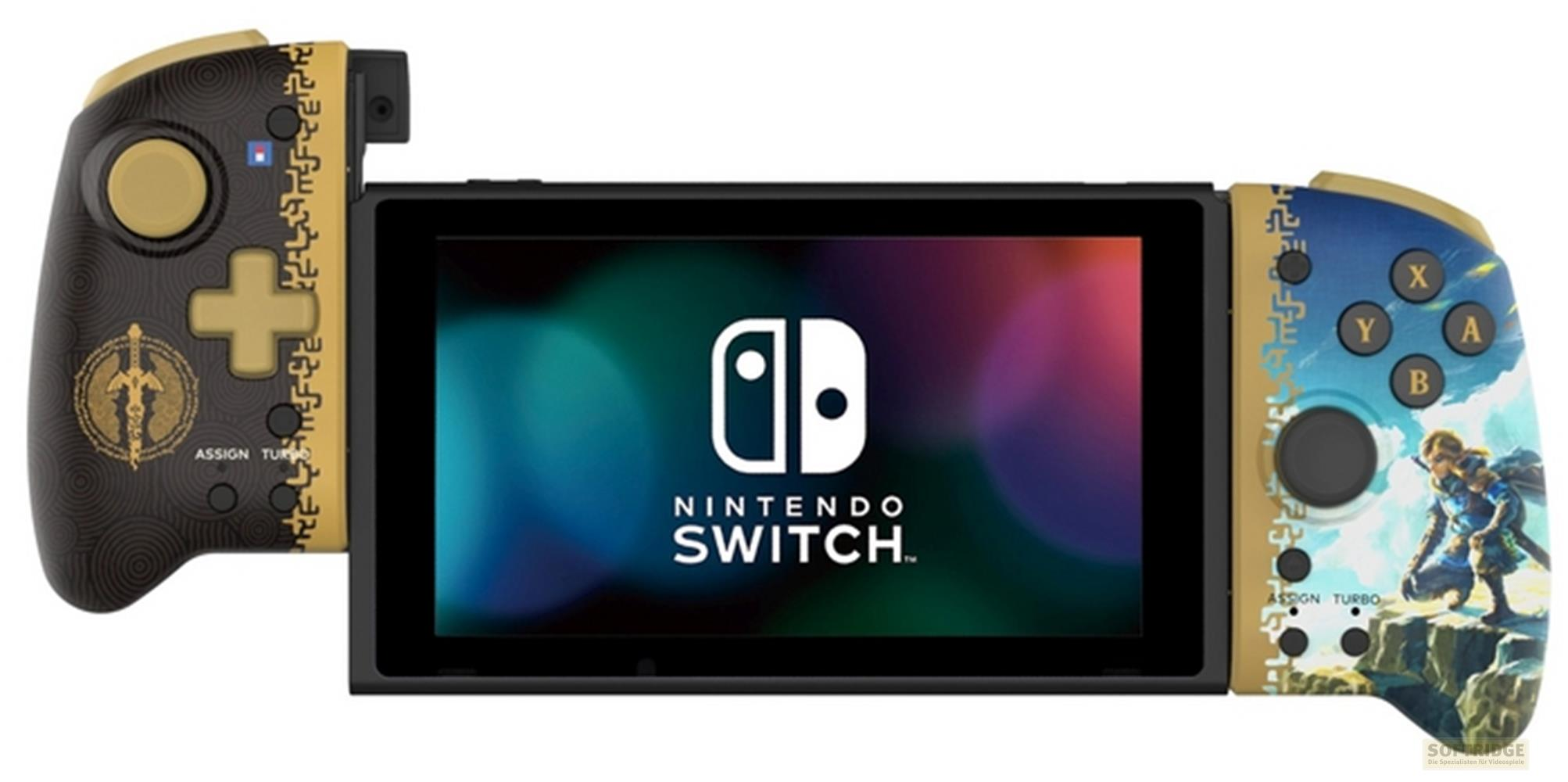 Nintendo Switch z nakładkami kontrolera w stylu Zelda, Link na skałach.