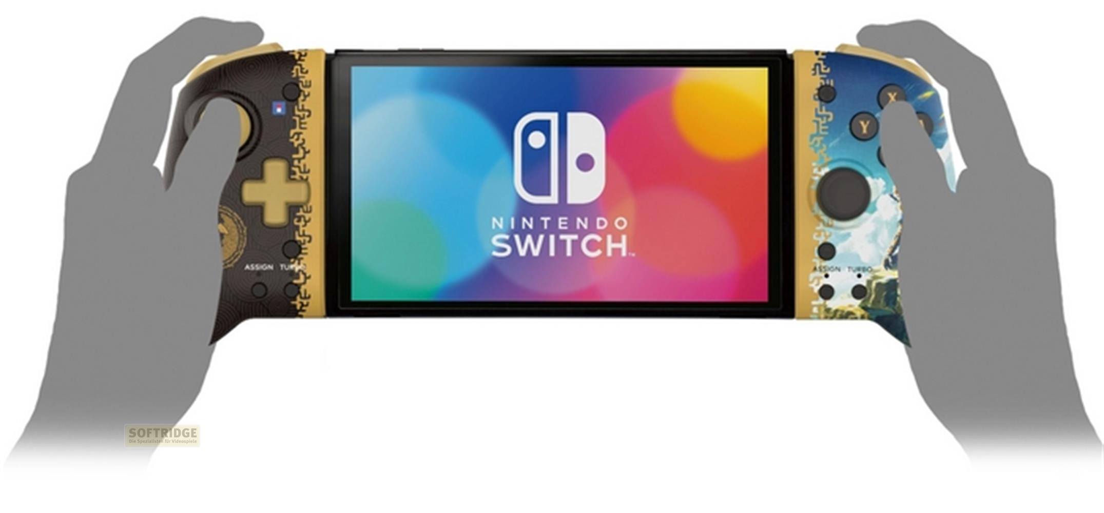 Dłonie trzymające konsolę Nintendo Switch z kolorowym tłem i motywami kontrolera.
