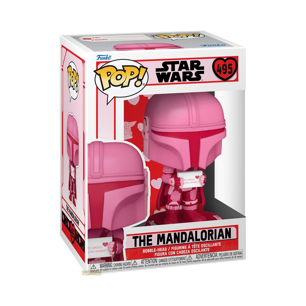Una action figure Funko Pop! Star Wars rosa del personaggio Mandaloriano.