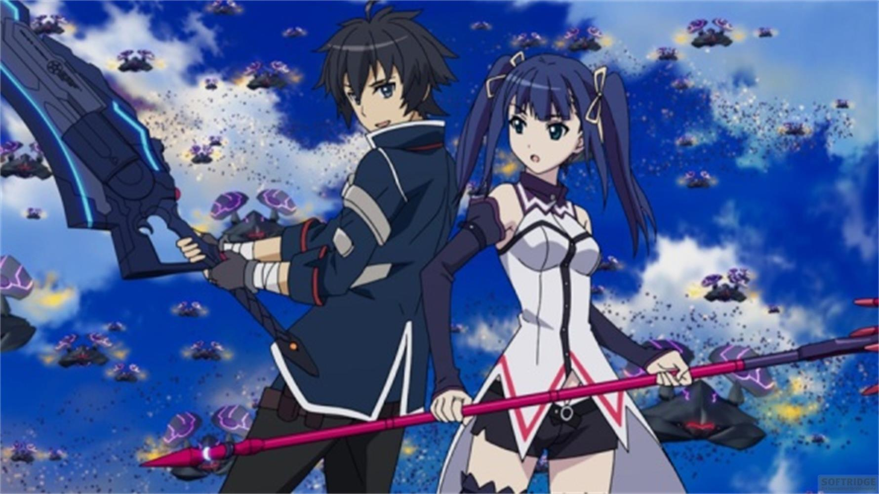 Due personaggi anime con armi davanti a un cielo blu con molti piccoli oggetti volanti.