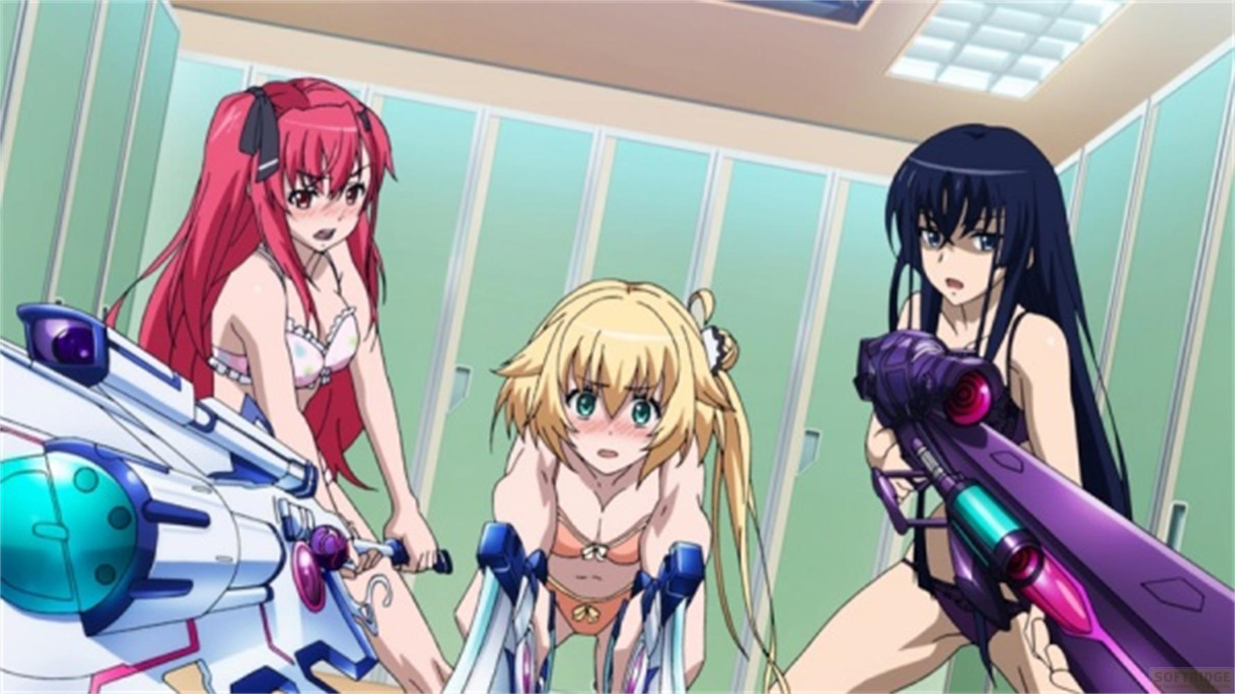 Tre ragazze anime in bikini con armi in uno spogliatoio.