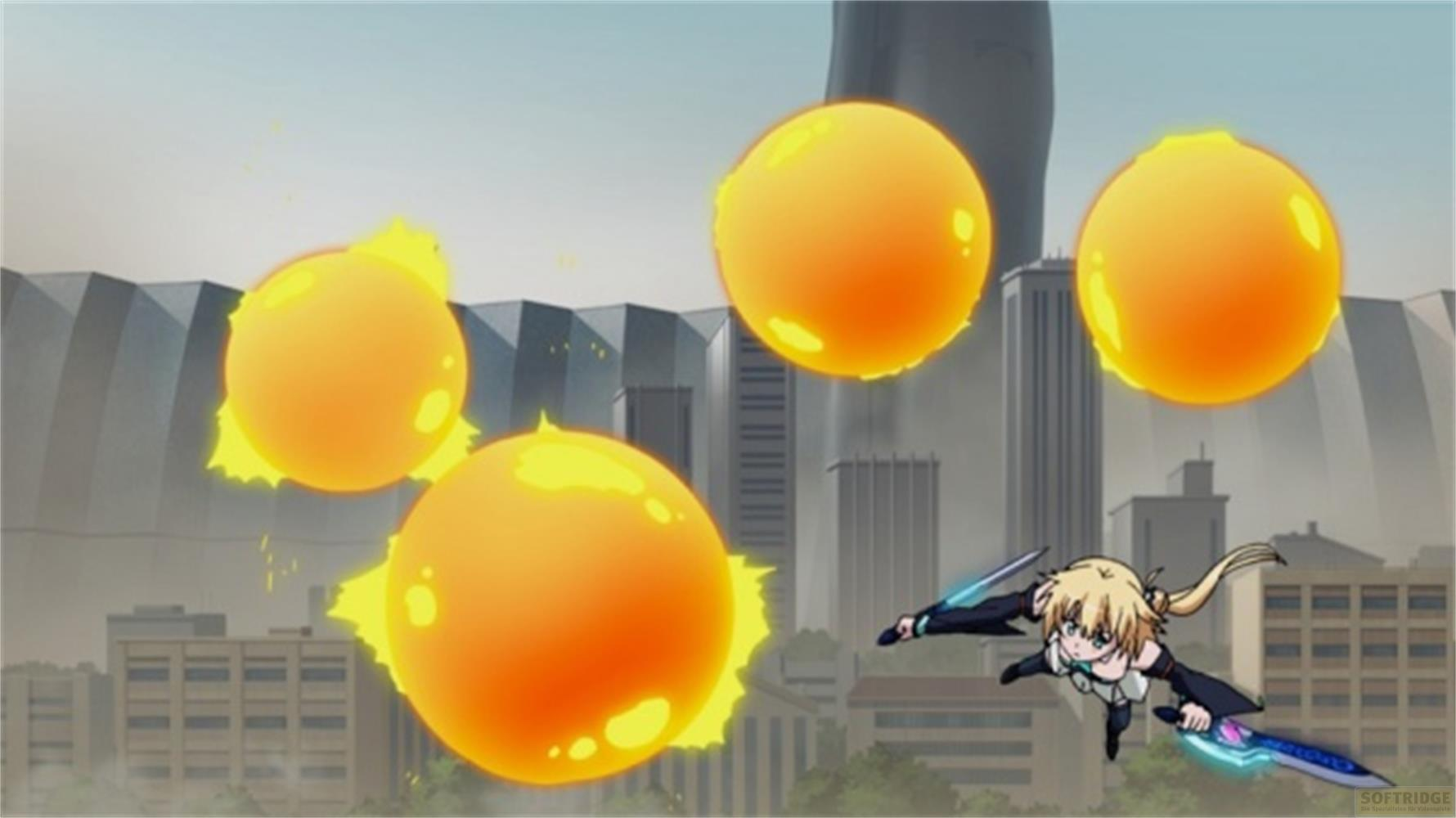Ragazza anime con spade vola davanti a sfere arancioni ed edifici cittadini.