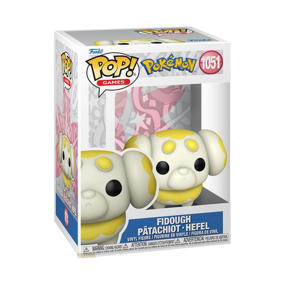 Funko Pop! Pokémon Figur von Fidough in seiner Verpackung, weiß mit gelben Akzenten.