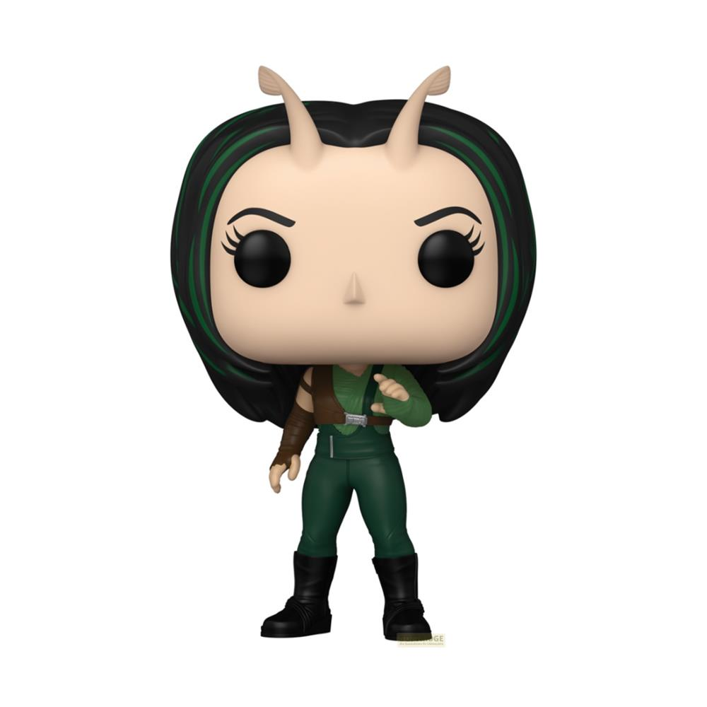 Eine Funko Pop Figur von Mantis in grünem Outfit mit Antennen und schwarzen Haaren.