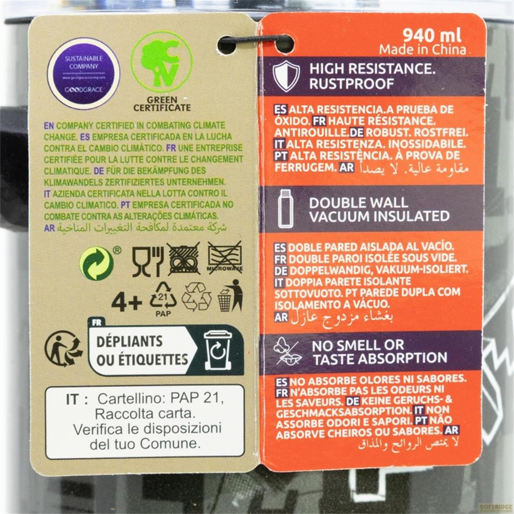 Etiqueta del producto con detalles de certificación, materiales y características.