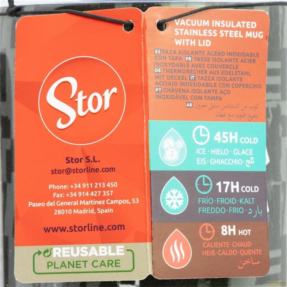 Una etiqueta para un termo Stor de acero inoxidable al vacío con tapa.