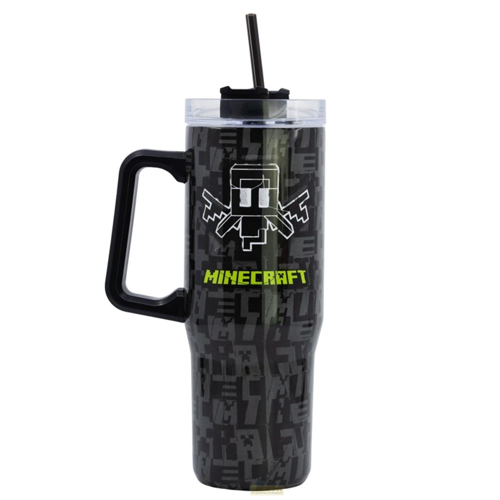 Taza negra de Minecraft con asa y pajita. Diseño con icono de Creeper.