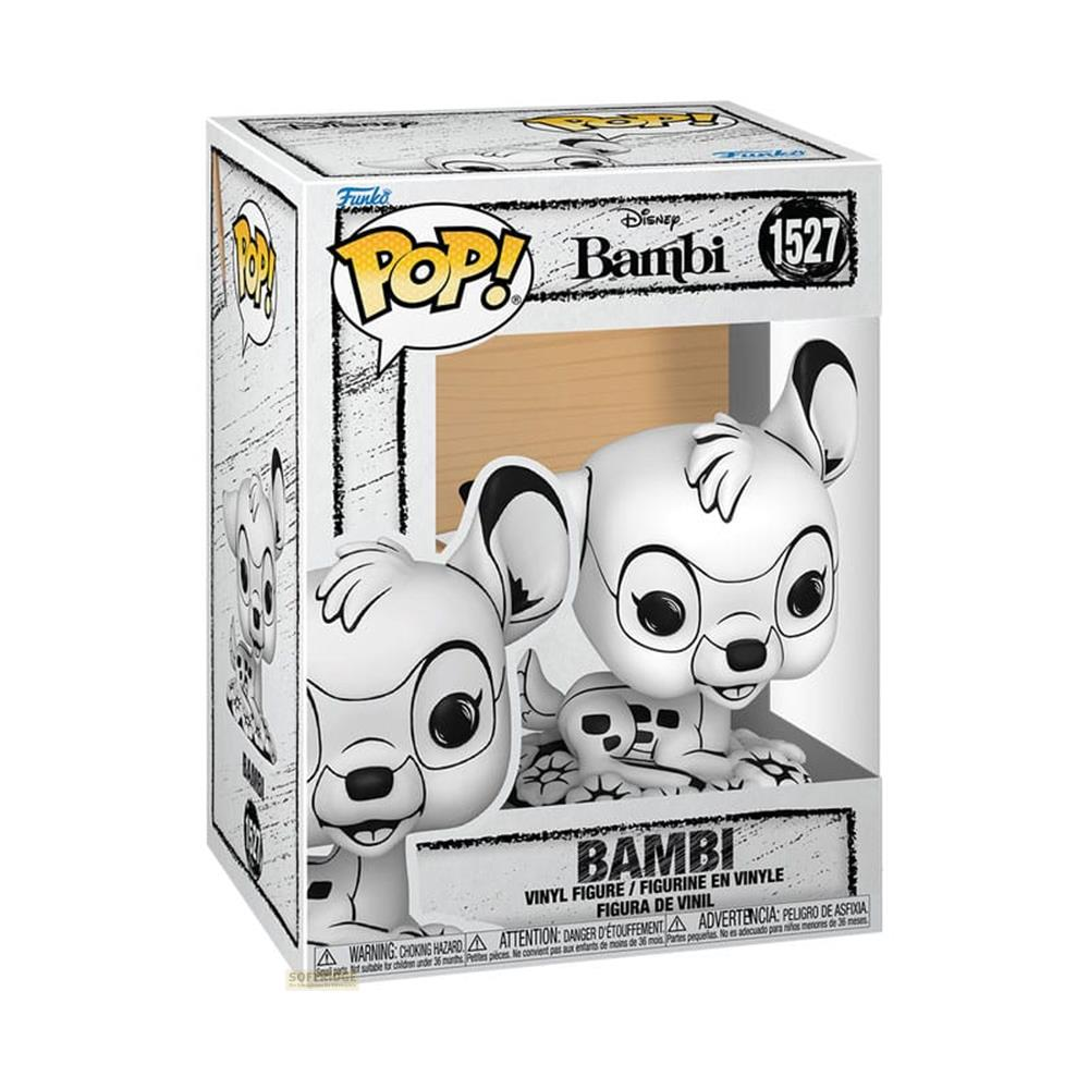Statua in vinile Funko Pop! Bambi, design bianco e nero, in scatola.
