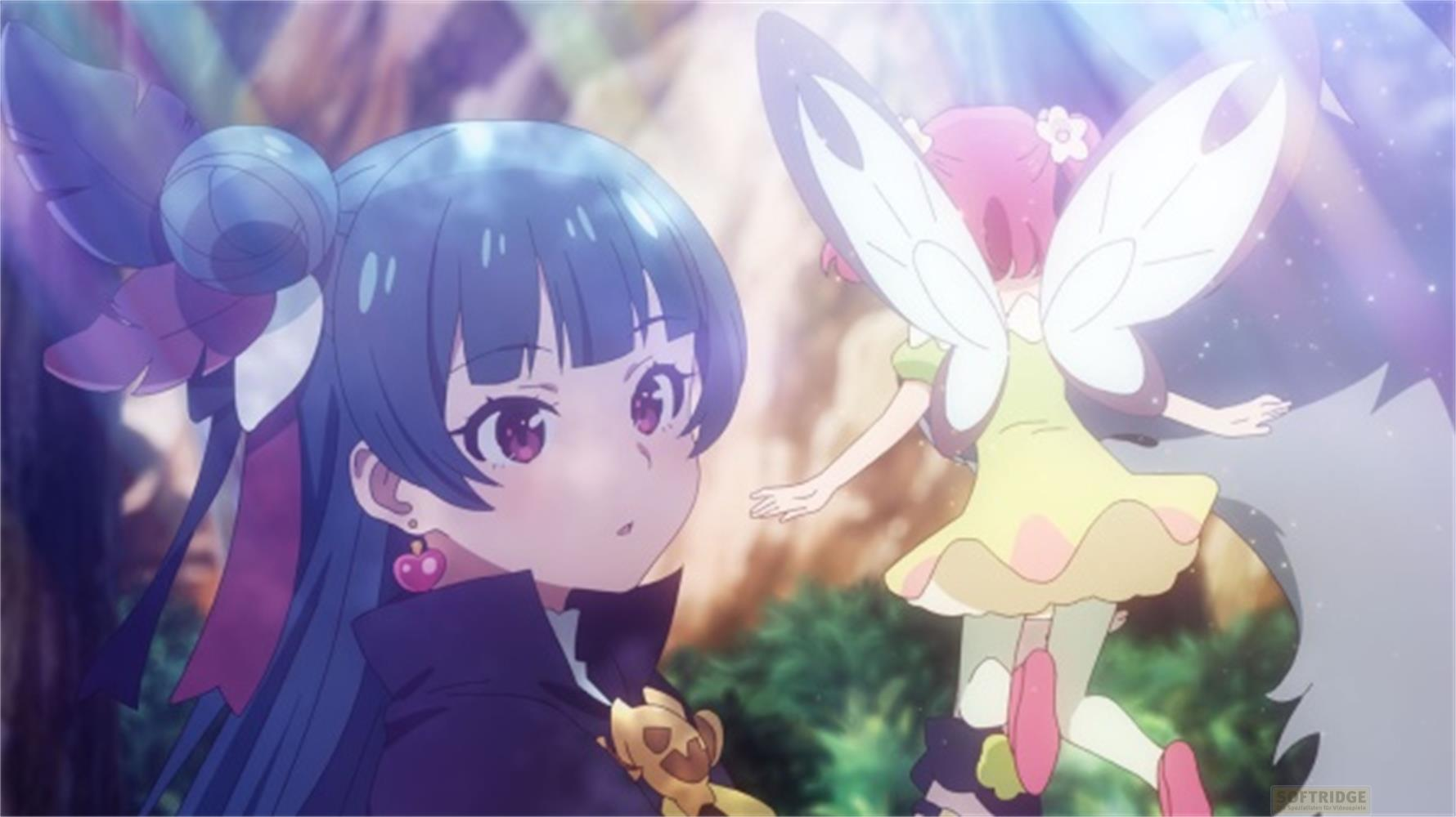 Due ragazze anime con ali e fiori nei capelli in un ambiente boschivo.